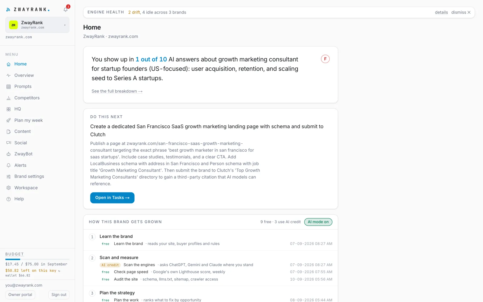 The Home screen: your score in plain words, the streak, and what to do next
