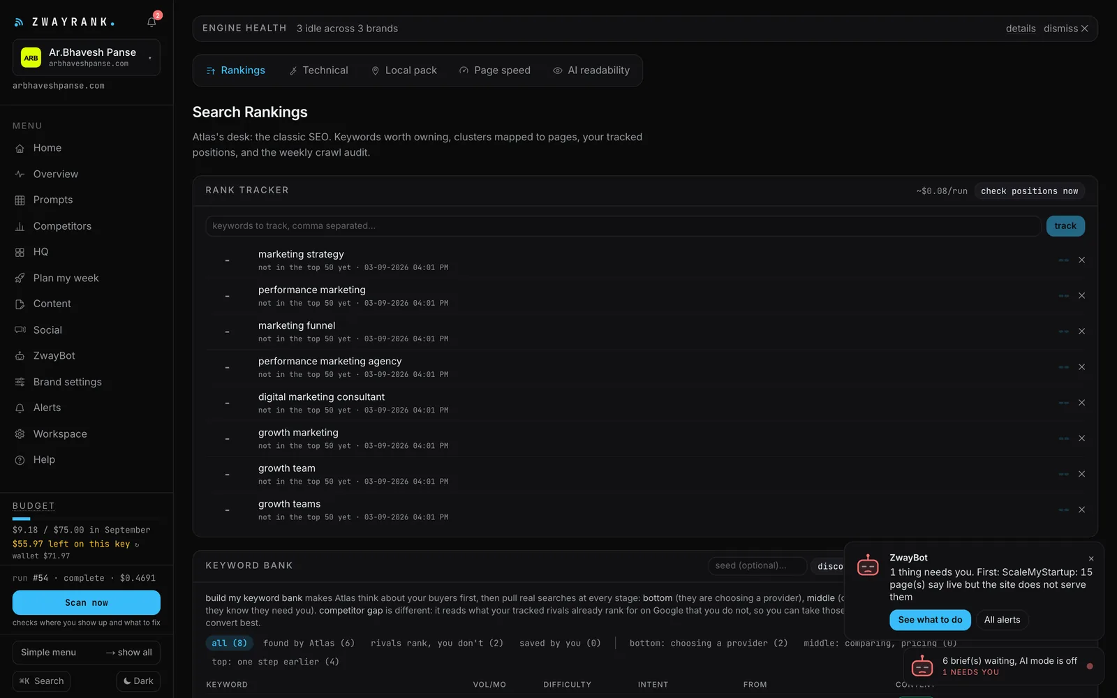 The Search rankings screen: keyword bank, rank tracker and technical round