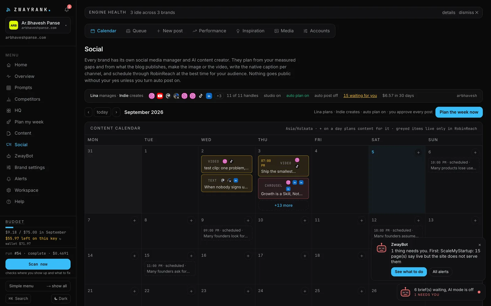 The Social calendar: planned, made, approved and scheduled posts for the week