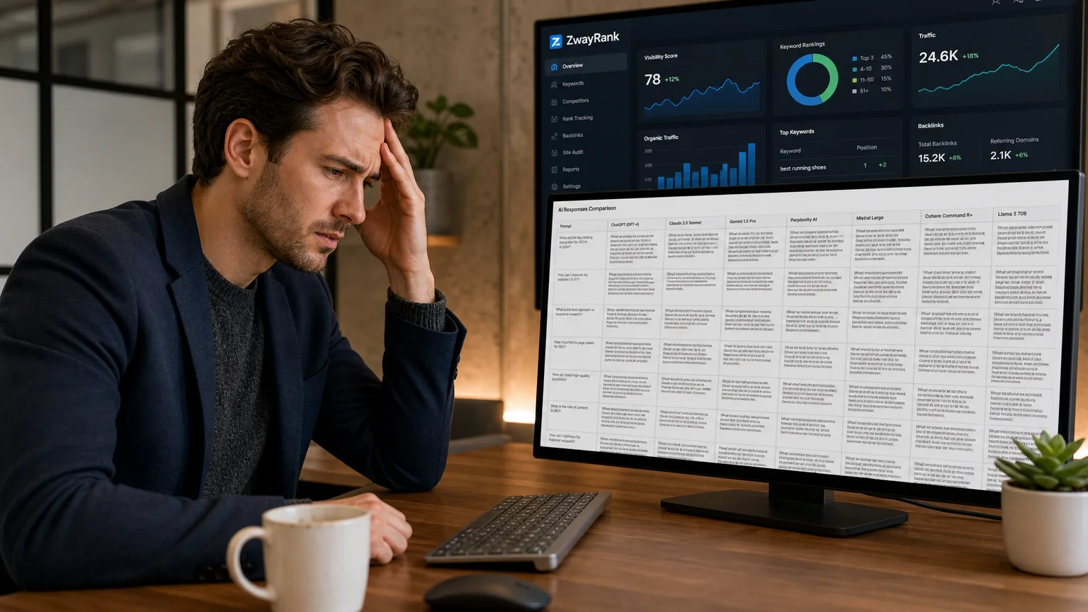 The Best Tool to Track Your Brand in GPT, Claude & Gemini A person looking frustrated at a complex spreadsheet filled with AI responses, while a sleek, modern dashboard with charts and graphs is visible in the backgrou