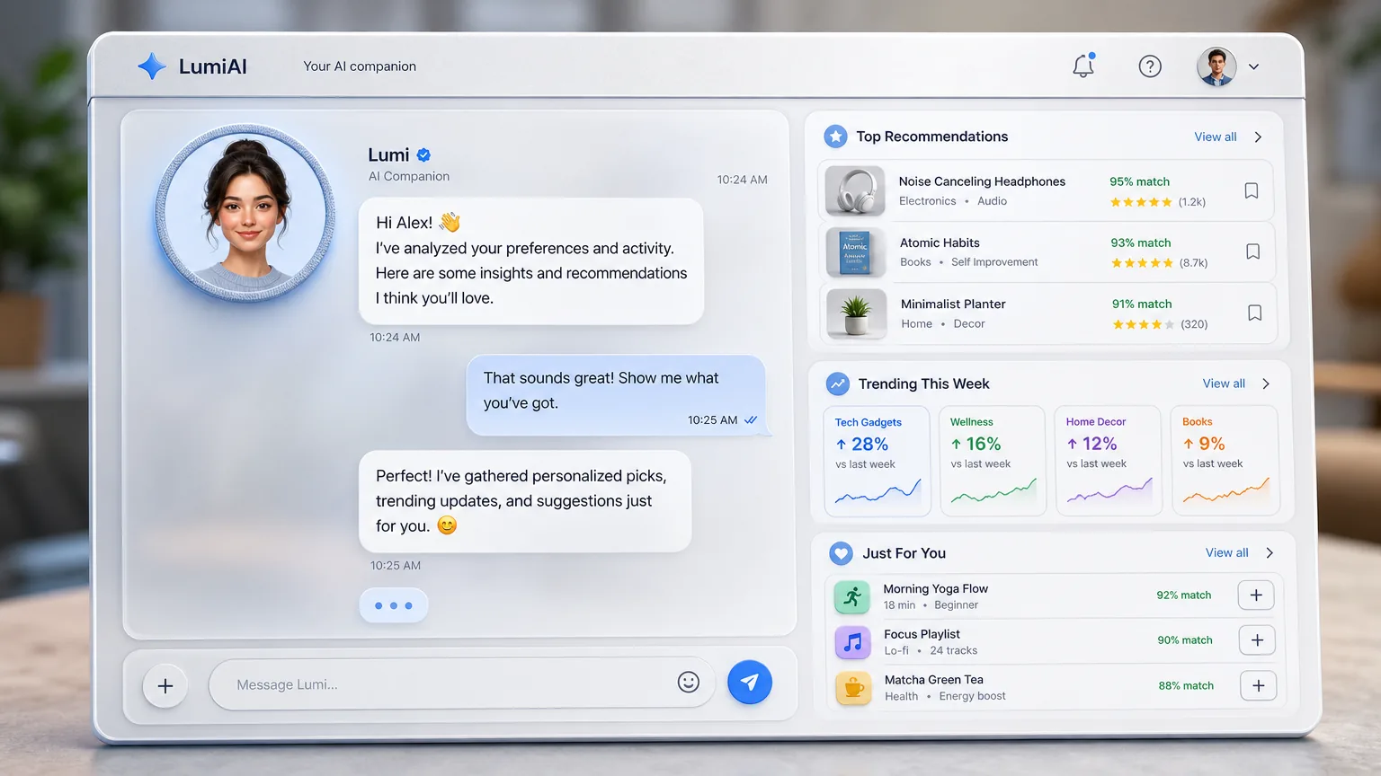 Generic illustration of a chatbot interface A chatbot interface with a friendly AI avatar talking to a user, surrounded by data points showing personalized recommendations
