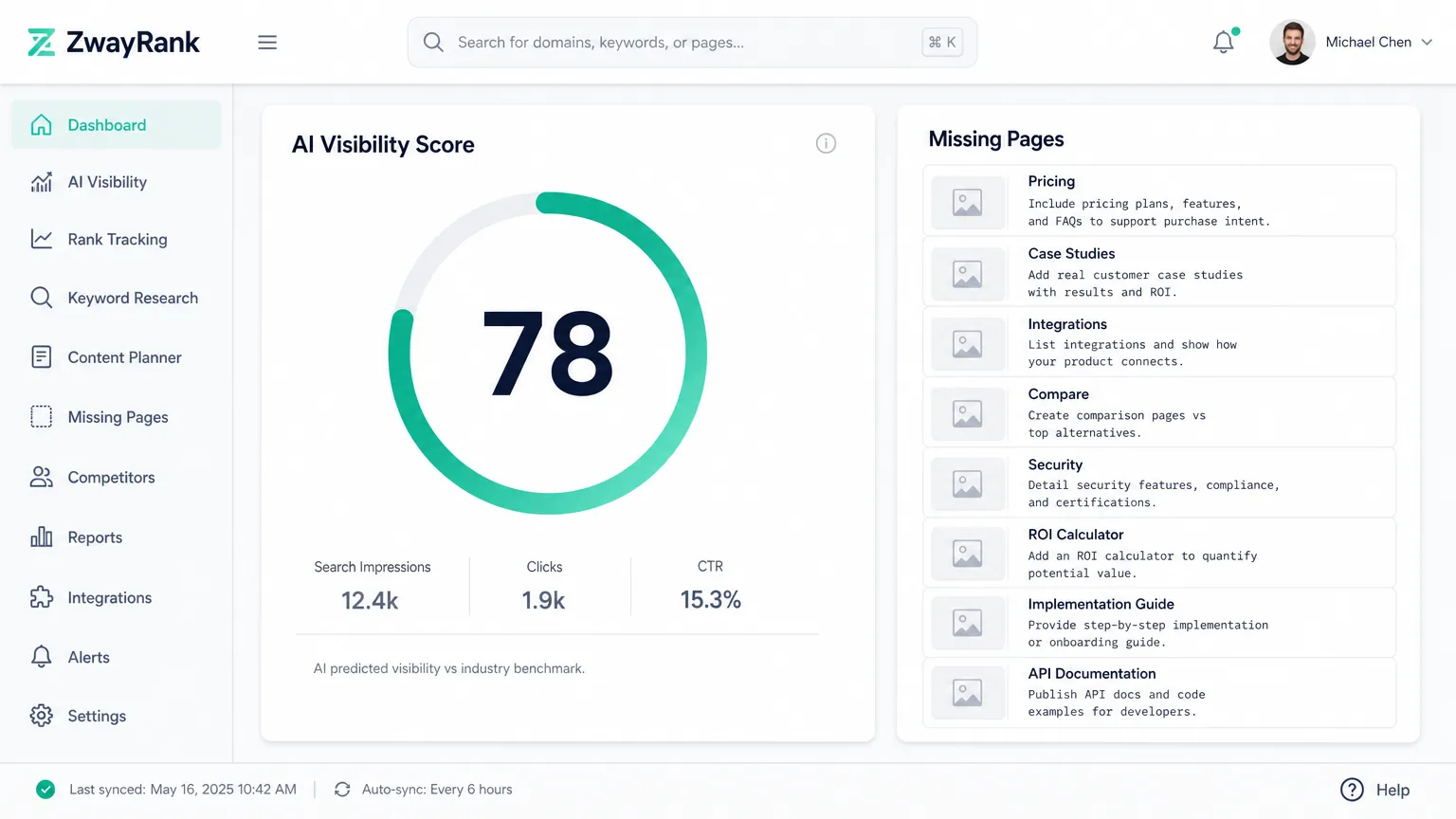 AI Visibility & SEO: ZwayRank vs. Traditional Tools A screenshot of the ZwayRank dashboard showing an "AI Visibility Score" widget and a list of "Missing Pages" with content suggestions