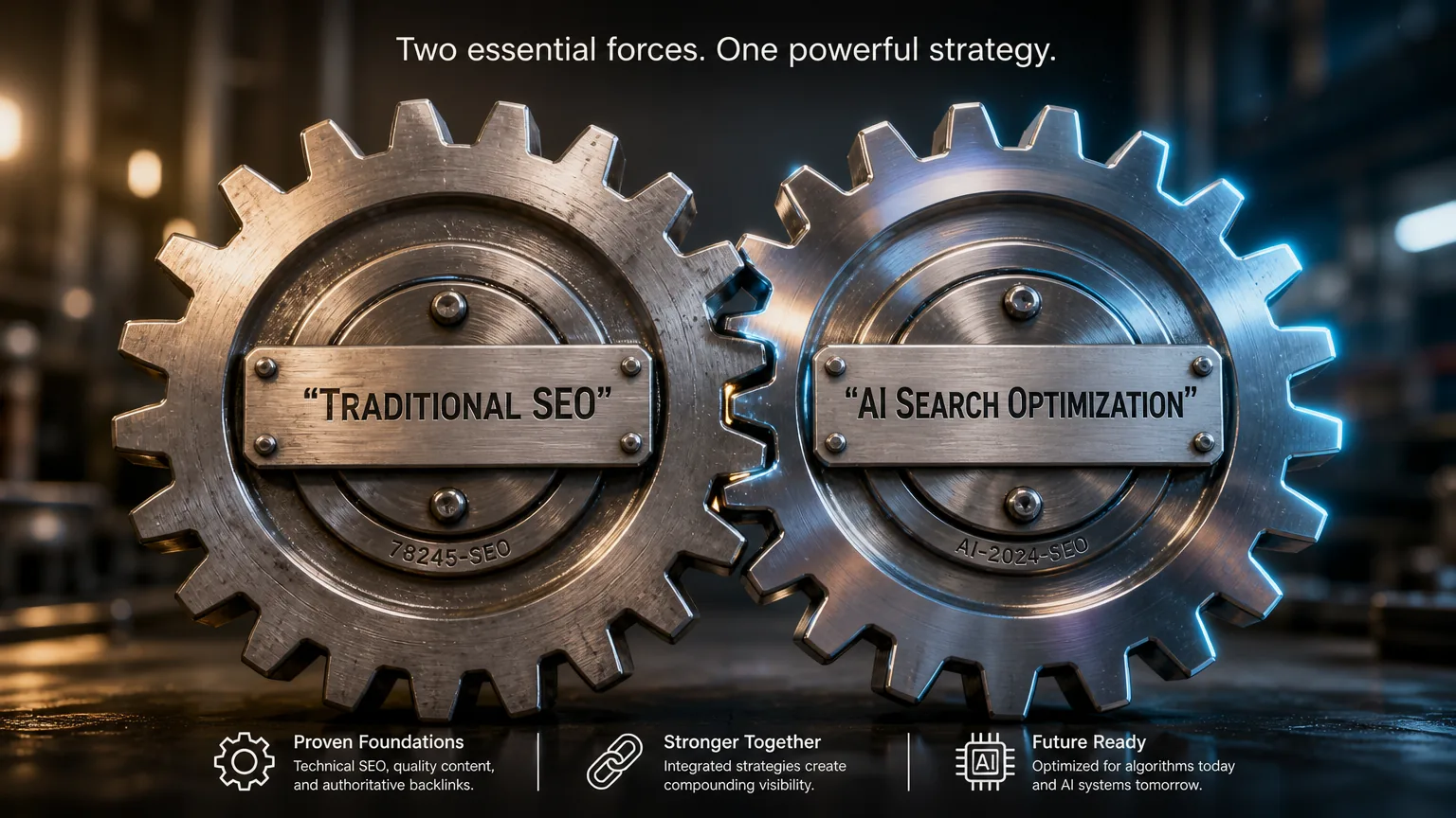Do I need a separate tool for ChatGPT optimization? A conceptual image of two gears interlocking, one labeled "Traditional SEO" and the other "AI Search Optimization", showing how they work together