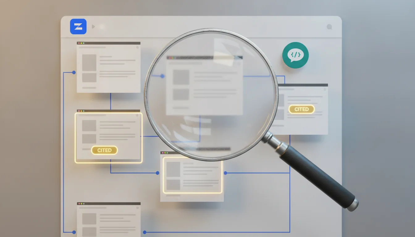 How to Get Your Website Cited in ChatGPT and Gemini A magnifying glass hovering over a series of interconnected web pages, with some pages highlighted as being cited by an AI chatbot icon