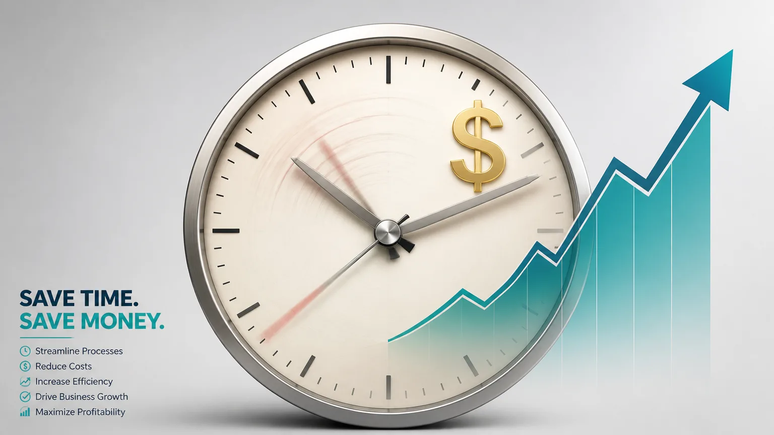 Is ZwayRank Worth It for AI Content Automation? A clock face with hands spinning rapidly, overlaid with a dollar sign and an upward-trending graph, symbolizing time and cost savings