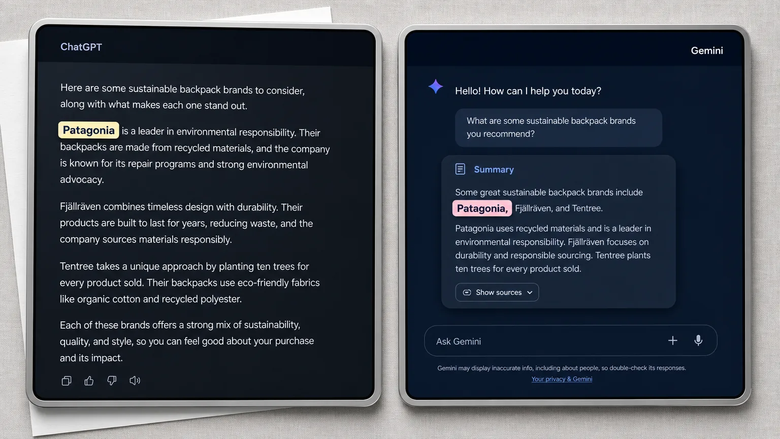 A split screen showing a ChatGPT interface on one side highlighting a brand name in its response, and a Gemini interface on the other side highlighting a brand